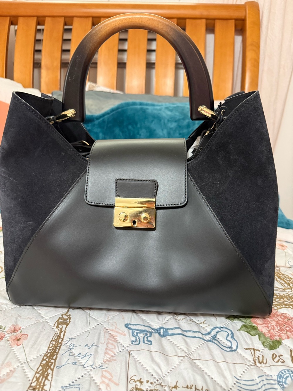 Black Leather and Suede Top-Handle Satchel with Gold Lock